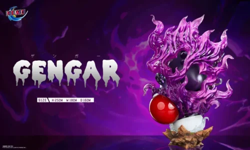 "Exquisite ntwo Studio Gengar 3.0 Pokémon resin statue, dynamically posed with vibrant translucent effects and a menacing, playful expression."