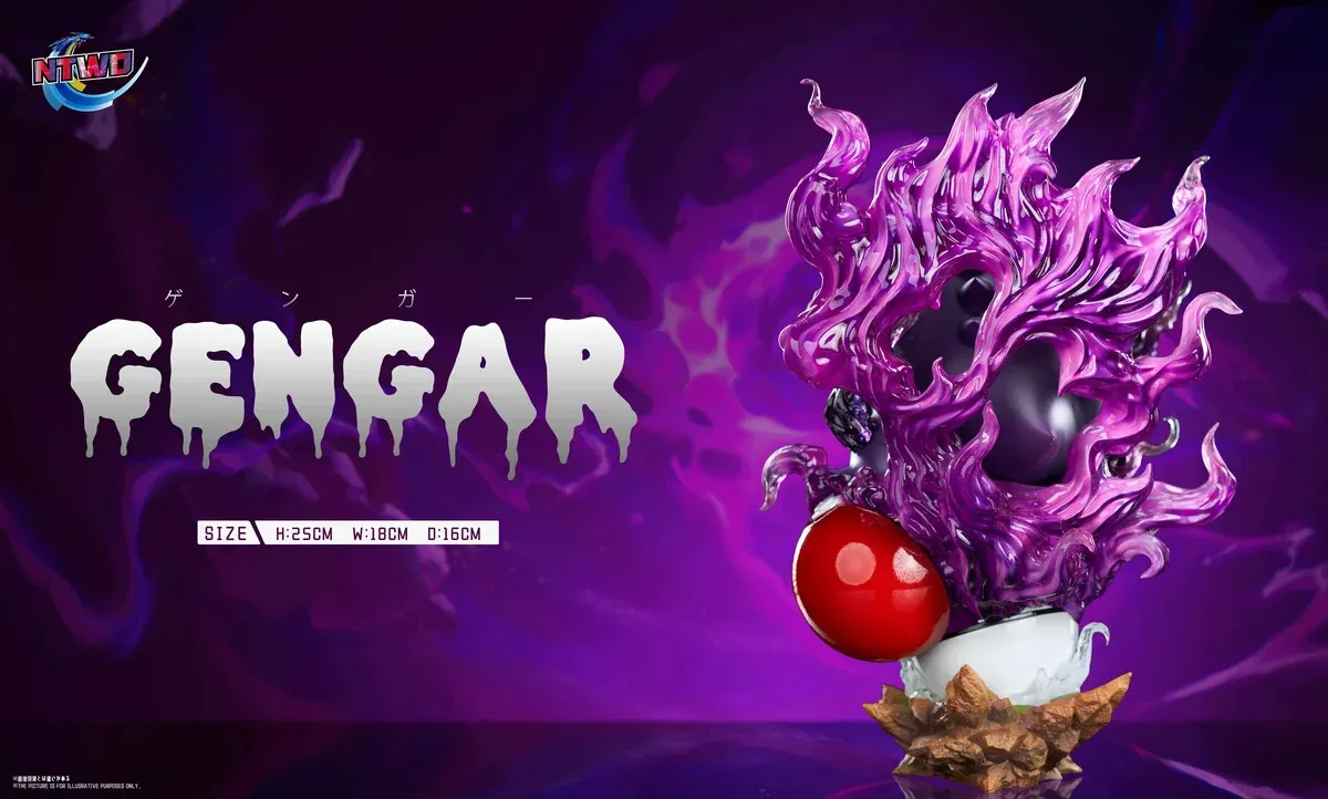 "Exquisite ntwo Studio Gengar 3.0 Pokémon resin statue, dynamically posed with vibrant translucent effects and a menacing, playful expression."