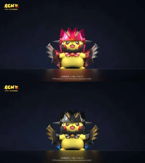 "Playful chibi Pikachu figure in detailed Primal Groudon cosplay armor, a vibrant Pokémon statue showcasing Pikachu's epic transformation."