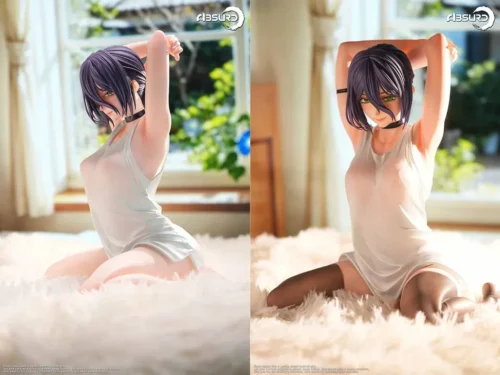 "Premium 1/4 scale Reze figure in alluring pajamas, a detailed Chainsaw Man statue by Absurd Studio with interchangeable heads."