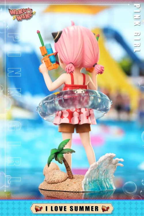 "Gallery of the exclusive Anya Forger Summer Beach figure, detailing her playful water gun pose, vibrant summer outfit, and dynamic base."