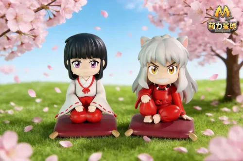 "Adorable Q-version Inuyasha and Kikyo resin figures, handmade and limited edition, in relaxed sitting poses with vibrant colors."