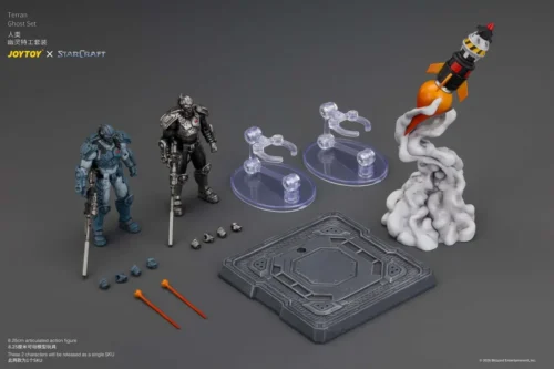 "Multiple views of the fully articulated 1/25 StarCraft Ghost Agent Set by JOYTOY Studio, highlighting its premium, highly detailed tactical sci-fi."