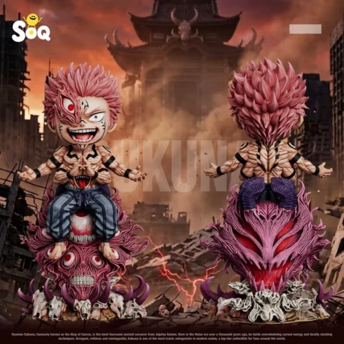 "Ryomen Sukuna 2.0 Jujutsu Kaisen statue. Detailed Q-version, commanding sitting pose, intricate sculpting from all angles, desktop display."