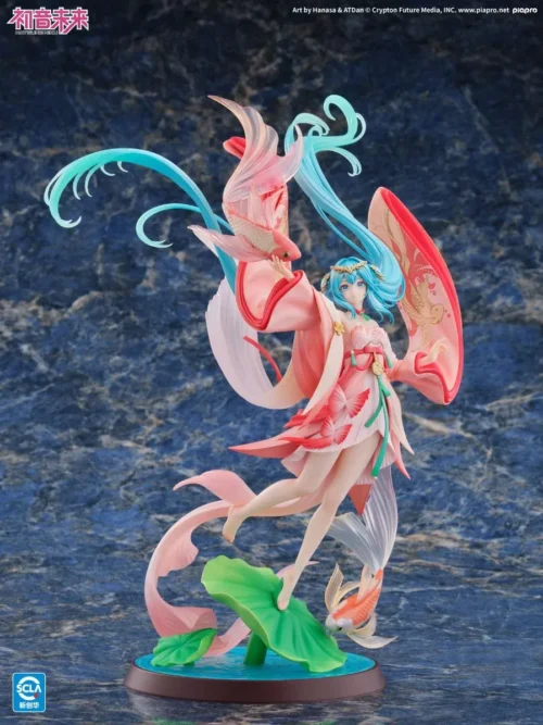 "Exquisite Kaiyodo Hatsune Miku Goldfish Ver. Vocaloid statue. Detailed views show dynamic aquatic elegance, shimmering goldfish, and flowing design."