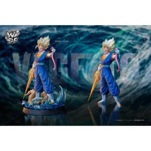 "Wodefa Studio Vegeta (Mad Lad) Dragon Ball Z statue. Dynamic Super Saiyan pose with detailed energy effects and a premium scenic base."