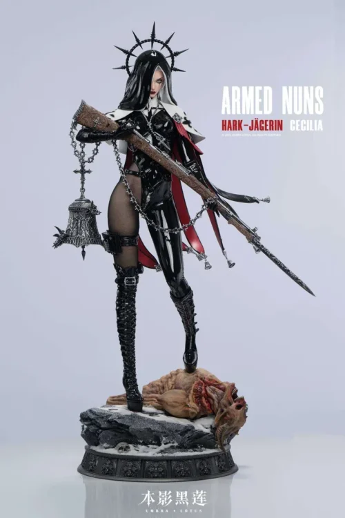 "Premium 1/4 scale Armed Nun Cecilia statue by Black Lotus Studio. Features intricate gothic armor, imposing stance, real stockings, and dual head."