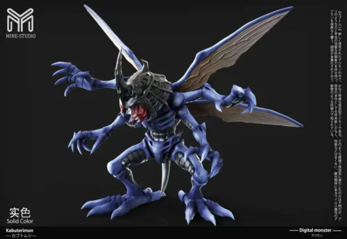 "Dynamic MINE Studio Digimon Kabuterimon resin statue, multiple angles reveal powerful battle pose and intricate sculpting on a rocky base."