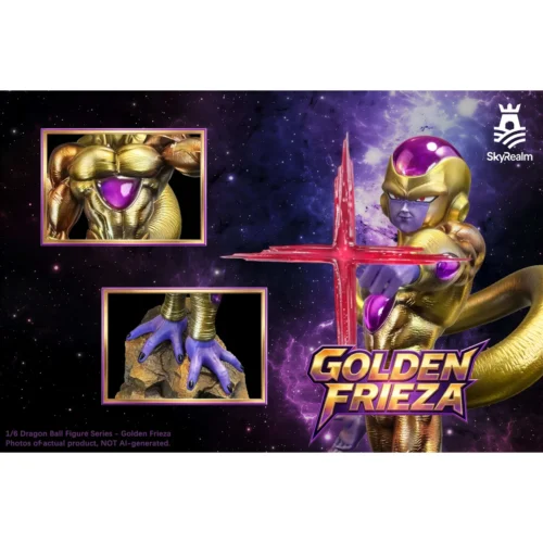 "Exclusive Golden Frieza Dragon Ball resin statue by SkyRealm Studio. Dynamic pose, menacing power, intricate sculpting, and energy effects."