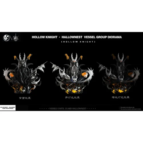 "Exclusive Hollow Knight Void Vessel Family LED resin statue. Intricate dark fantasy diorama, dynamic lighting, angled details."