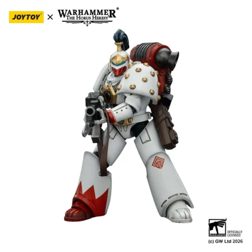"JOYTOY Warhammer 40K White Scars Legion MKVI Tactical Legionary articulated figure. Shows grimdark weathered armor and dynamic pose details."
