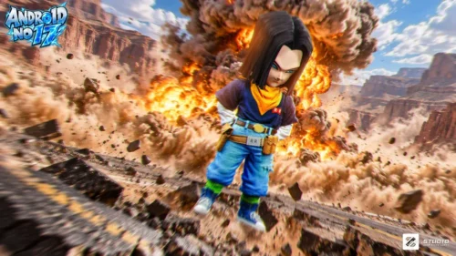 "Premium Zzz Studio Android 17 Dragon Ball Z statue, showcasing dynamic pose, interchangeable heads, and intricate sculpted details."