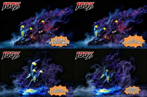 "Limited Edition Translucent Elemental Umbreon Pokémon statue, radiating dynamic energy with an ethereal glow and dark mystical elegance."