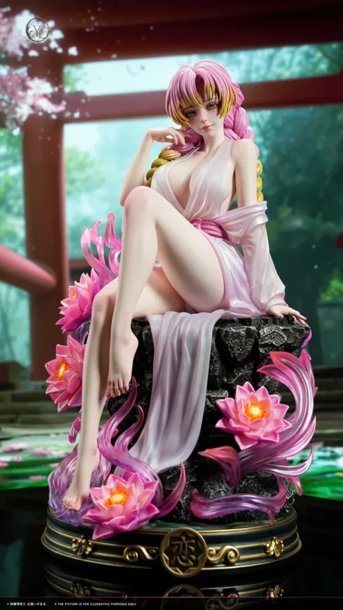 "Dynamic 1/4 scale premium resin statue of Mitsuri Kanroji from Demon Slayer, showcasing her iconic pose, vibrant colors, and elegant floral base."