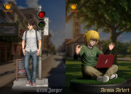 "Premium limited edition Attack on Titan Eren and Armin resin statue. Dynamic main display highlighting intricate details of these iconic collectible."