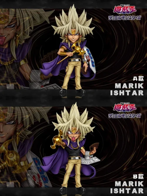 "Iconic Dark Marik Yu-Gi-Oh! A+ Studio statue, dynamically posed with menacing dark magic and featuring interchangeable magnetic heads."
