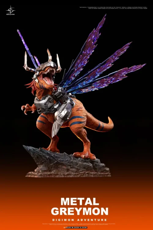 "Hyper-realistic, limited edition MetalGreymon Digimon resin statue showcasing the powerful mechanical dragon in a dynamic, battle-ready pose."