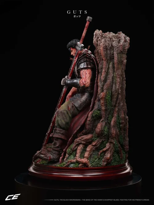 "Gallery of 1/4 Berserk Guts resin statue by CE Studio, showing unparalleled detail of battle-hardened Guts leaning against a tree stump."