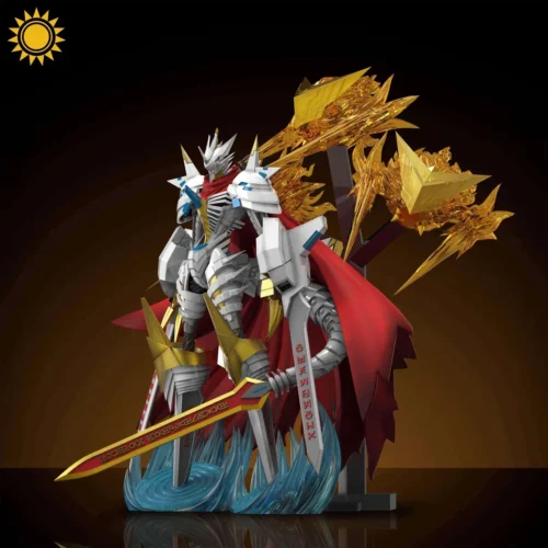 "Jesmon Digimon Royal Knight premium resin statue. Dynamic, intricate armor, vibrant energy effects. Detailed view showcasing sculpted craftsmanship."