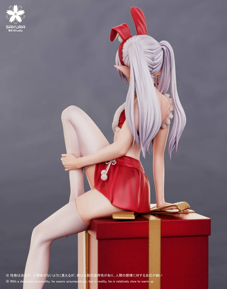 "Detailed view of the exclusive 1/6 Christmas Frieren figure from Sakura Studio, showcasing the premium resin and intricate festive Santa outfit."
