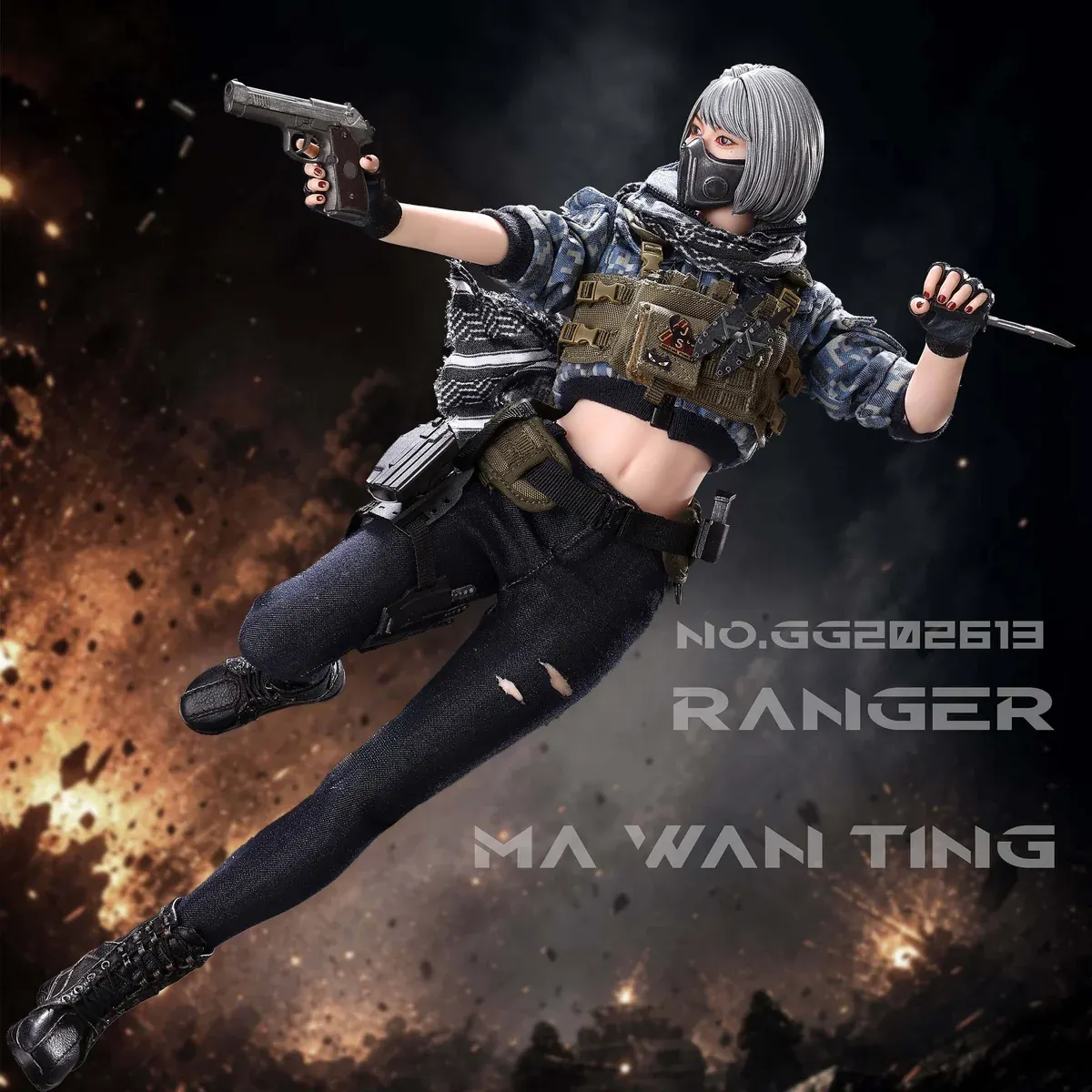 "GaGa Studio Ma Wan Ting Ranger 1/6 action figure gallery: detailed angles revealing hyper-realistic articulation, extensive tactical weaponry."