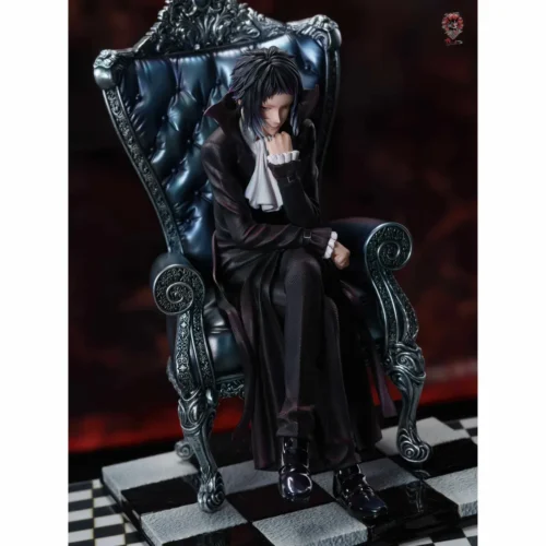 "Stunning 1/6 Akutagawa Ryūnosuke sitting figure. Detailed views highlight dark elegance, intricate craftsmanship, and contemplative pose."