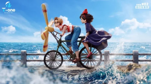 "Premium T-one Studio Kiki's Delivery Service resin statue featuring Kiki and Tombo cycling through a whimsical Ghibli sky, an ultra-limited iconic."