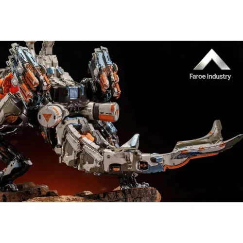 "Gallery views of the colossal Thunderjaw collectible statue from Horizon Zero Dawn, highlighting intricate mechanical details and dynamic LED."
