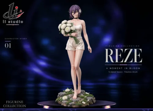 "Chainsaw Man Reze: Moment in Bloom 1/6 statue. Exquisite imported PU detail, dynamic pose with white chrysanthemums. Limited edition."