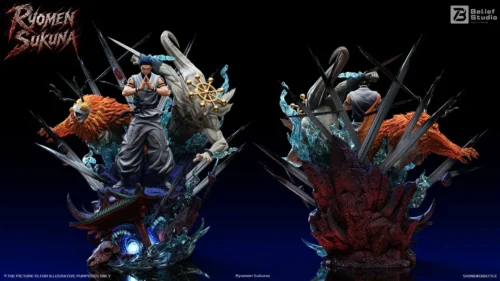 "Premium 1/6 Anniversary Edition Ryomen Sukuna Jujutsu Kaisen statue, displaying a menacing dynamic pose with vibrant LED cursed energy effects."