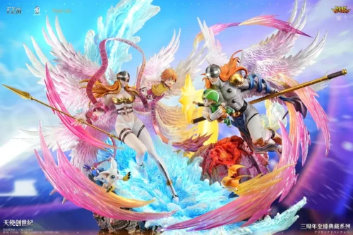 "Stunning Digimon Angewomon: Angel Genesis LED statue, an ultra-limited, multi-character celestial diorama with dynamic poses and integrated lighting."