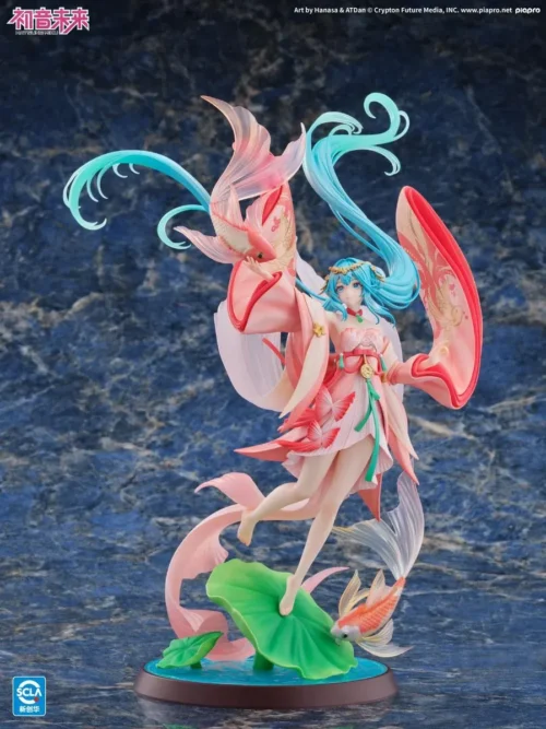 "The exquisite Kaiyodo 1/7 Hatsune Miku Goldfish Ver. Vocaloid statue, captured dynamically with aquatic elegance, shimmering goldfish motifs."