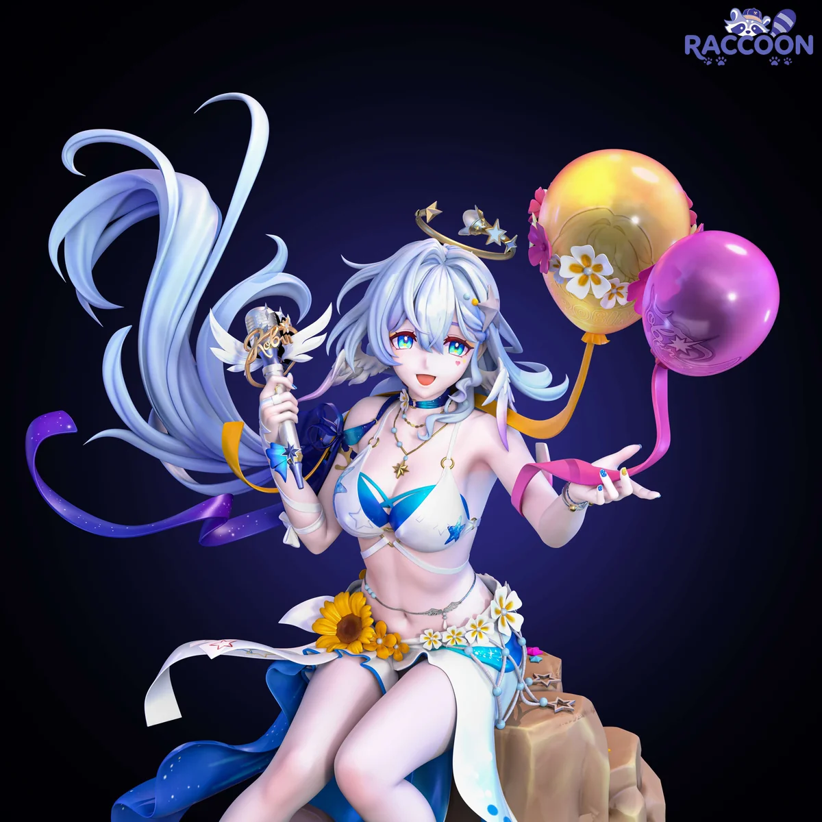 "Premium 1/6 Qing Ge Niao Honkai: Star Rail resin statue, ethereal character with whimsical balloon, dynamic pose, with intricate sculpt."