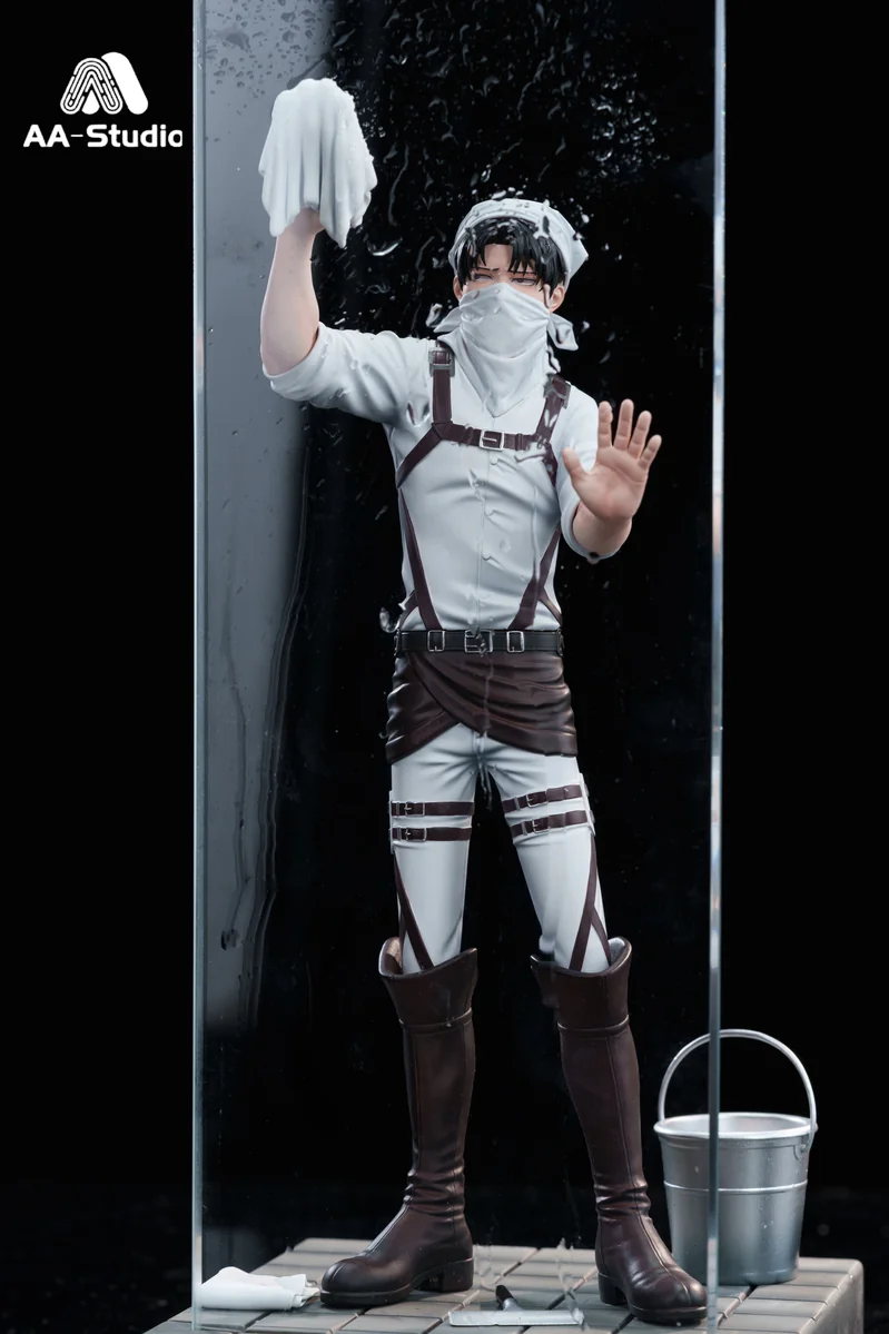 "AA Studio Levi & Erwin Attack on Titan resin statue. Showcases the iconic 'Wiping Glass' scene, humorous sculpting, and realistic props."