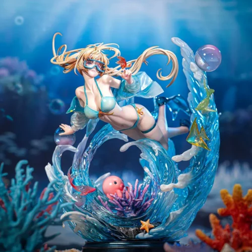 "Exquisite 1/6 scale Lan Xi fantasy figure, an ethereal ocean goddess with flowing robes and a serene pose, atop an intricate wave and shell base."