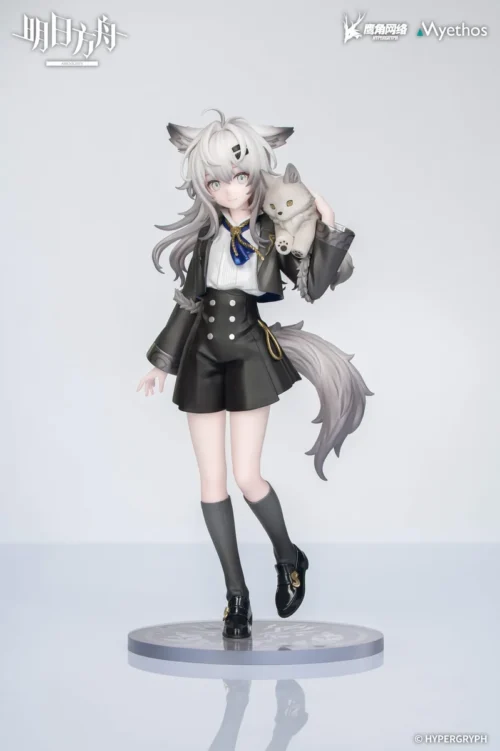 "Exclusive Myethos Arknights Lappland "Little Friend" series figure, capturing playful, childlike Lappland riding her soft plush wolf."
