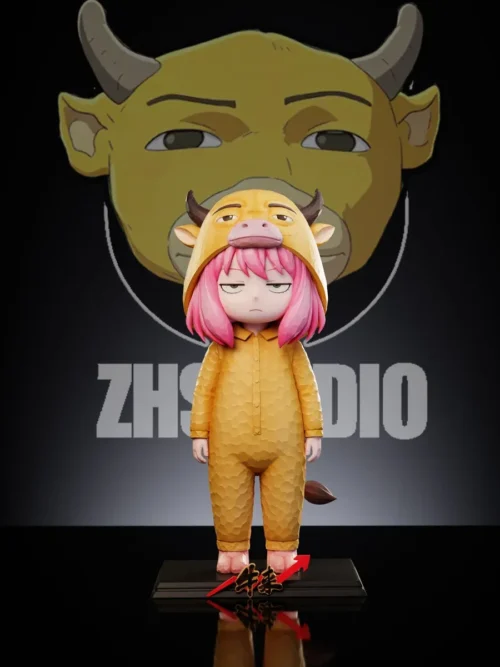 "Playful Anya Forger Bull Market Girl limited edition fan-made resin statue, vibrantly posed in dynamic bull-themed attire, capturing her energetic."
