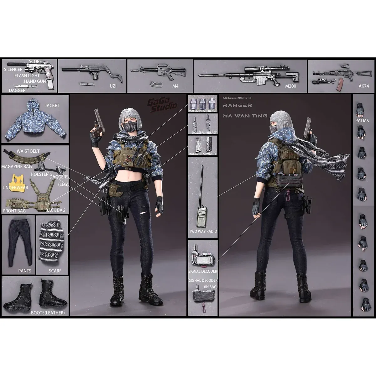 "GaGa Studio Ma Wan Ting Ranger 1/6 action figure gallery showcasing hyper-realistic articulation, extensive tactical weaponry, and gritty combat gear."