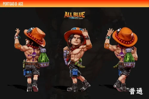 "Dynamic view of the Portgas D. Ace Farewell One Piece statue by All Blue Studio, highlighting intricate PU details of Ace's fiery sacrifice."