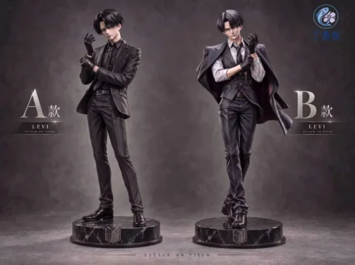 "Exclusive Levi Ackerman Attack on Titan resin statue in a dynamic combat pose, capturing his gritty Black Street urban aesthetic."