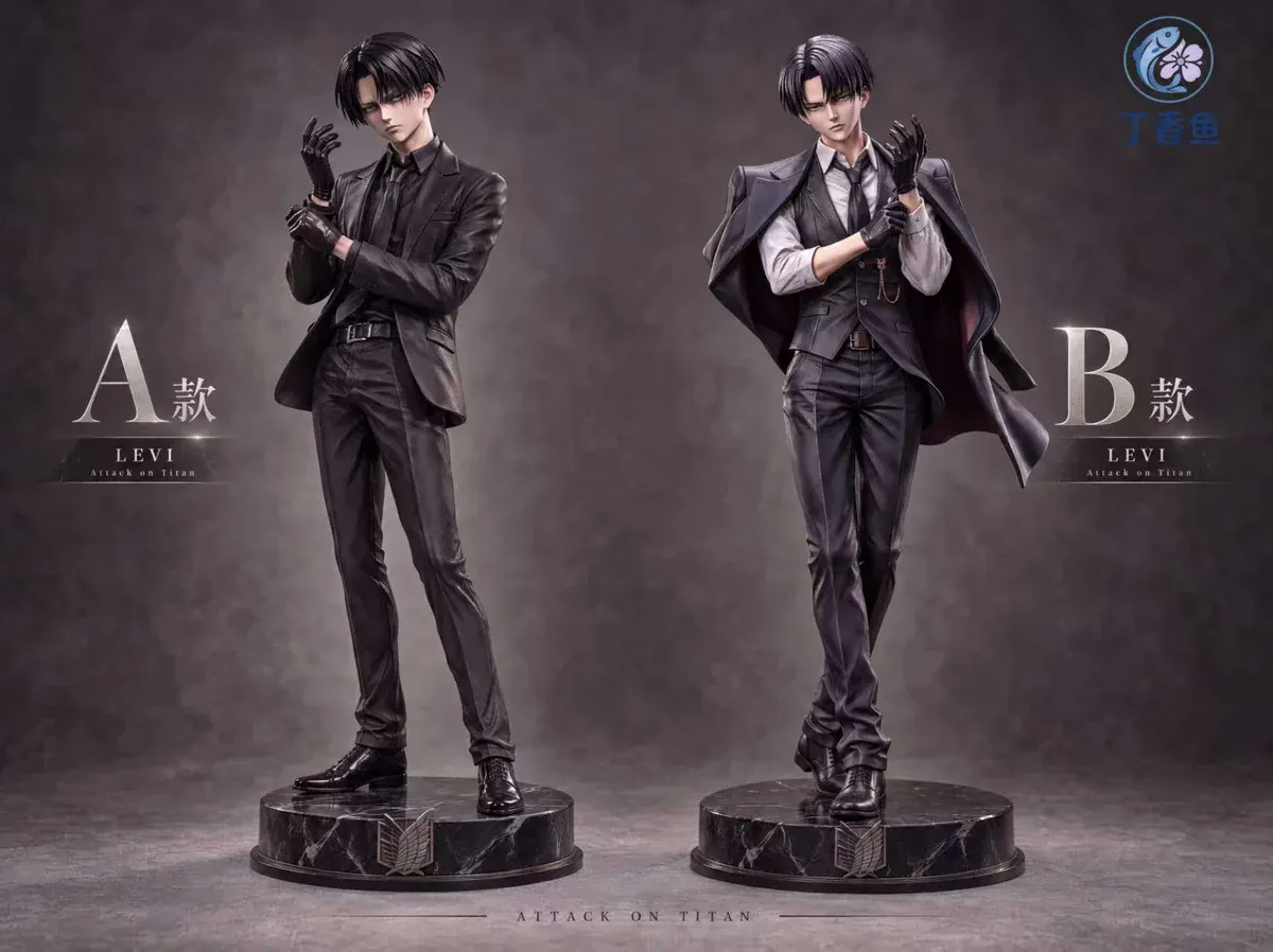"Exclusive Levi Ackerman Attack on Titan resin statue in a dynamic combat pose, capturing his gritty Black Street urban aesthetic."