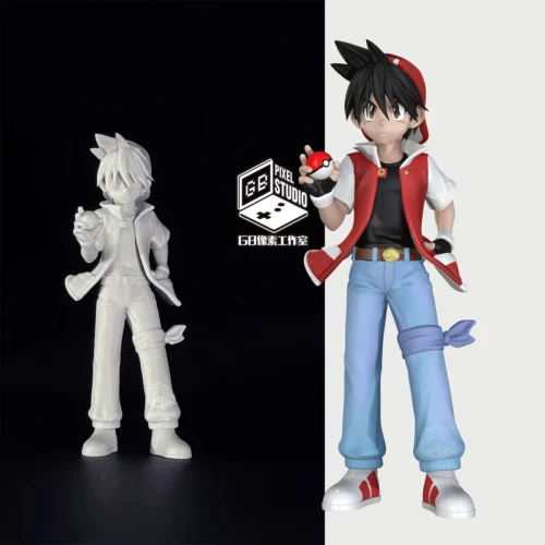 "Detailed view of the 1/20 Trainer Red Pokémon Resin Statue, highlighting its exclusive Game Boy pixel art style and dynamic pose with artistic sculpt."