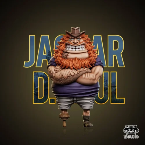"Iconic Jaguar D. Saul One Piece YZ Studio figure, powerfully posed against a dramatic icy backdrop. A premium, must-have collectible statue."