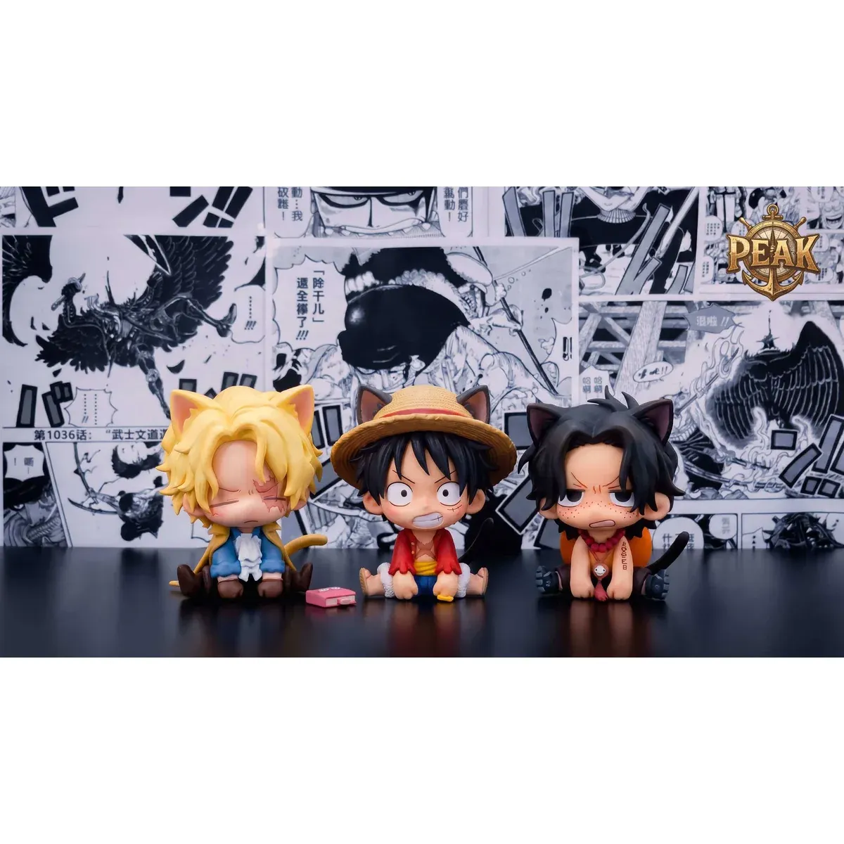 "Exclusive limited edition One Piece ASL Brothers cat-ear figures gallery. See playful Luffy, Ace, and Sabo's adorable sculpted details."