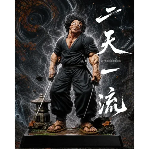 "Dynamic Miyamoto Musashi Baki statue, capturing the legendary samurai in an intense Niten Ichi-ryū pose with impressive dual head sculpts."