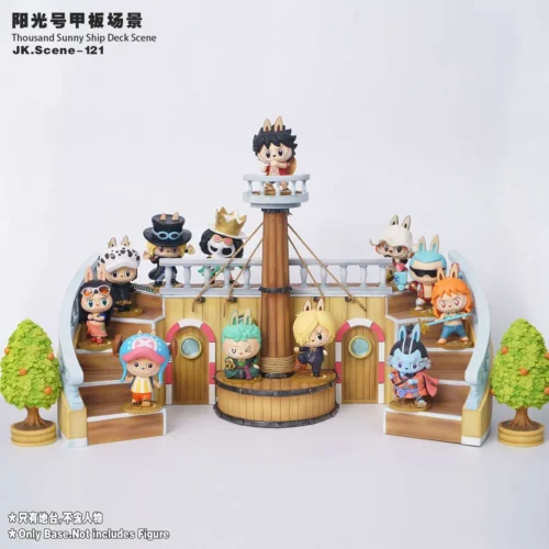 "Close-up views of the JacksDo One Piece Thousand Sunny Deck GK resin diorama, showcasing its intricate details and vibrant colors from multiple angle."