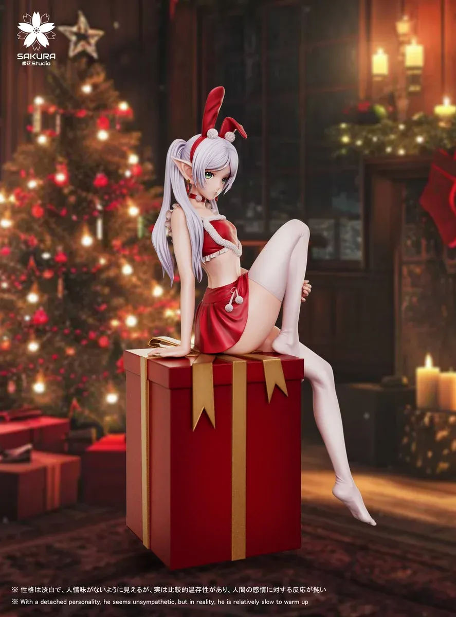 "Premium Sakura Studio Frieren Christmas Figure, featuring Frieren in a festive Santa outfit with elegant white stockings. A serene, magical resin."
