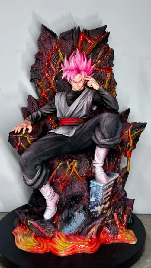 "Limited Edition 1/6 Dragon Ball Super Saiyan Rosé Goku Black LED resin statue on a powerful throne, showcasing his dark, regal aura."