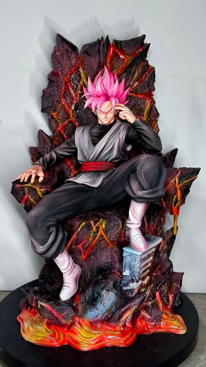"Limited Edition 1/6 Dragon Ball Super Saiyan Rosé Goku Black LED resin statue on a powerful throne, showcasing his dark, regal aura."