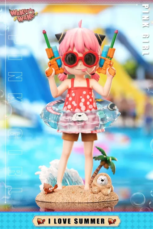 "Exclusive Anya Forger Summer Beach figure from SPY×FAMILY, playfully wielding dual water guns in a vibrant beach scene."